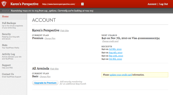 Screenshot of VaultPress account page